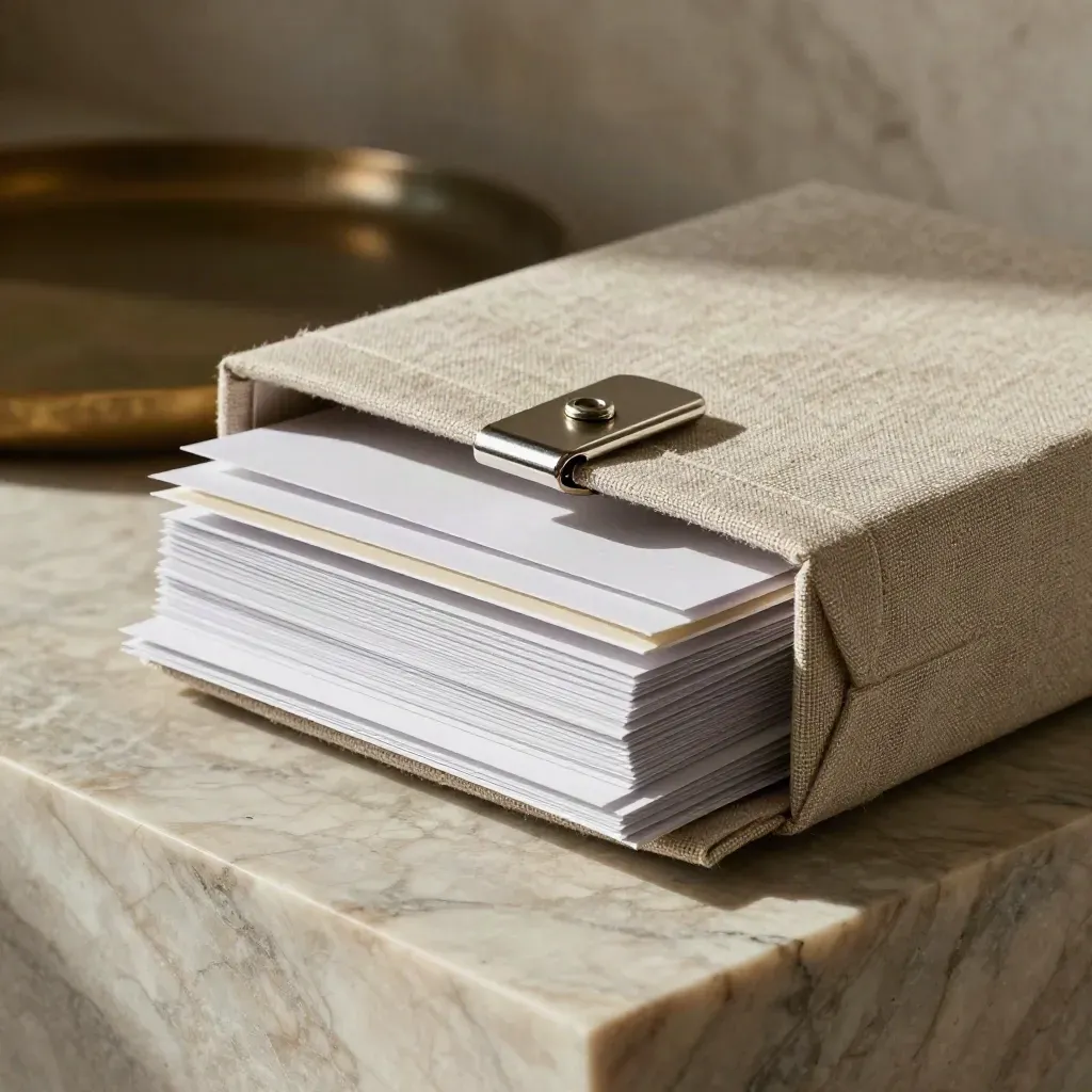 Linen portfolio box snapping shut on marble with premium pitch cards and a silver clasp.