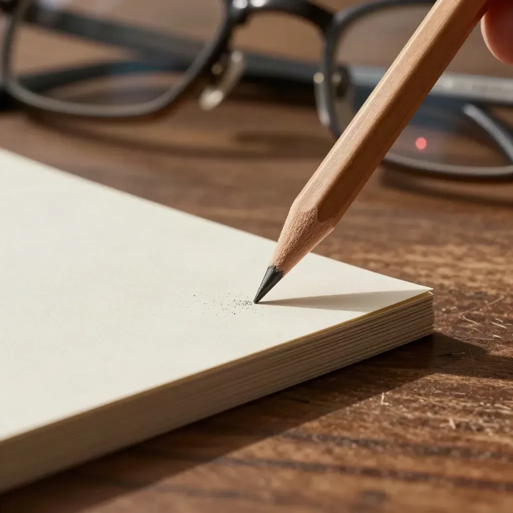 Macro of a sharpened pencil, graphite dust, stacked cards and glasses edge on a walnut table.