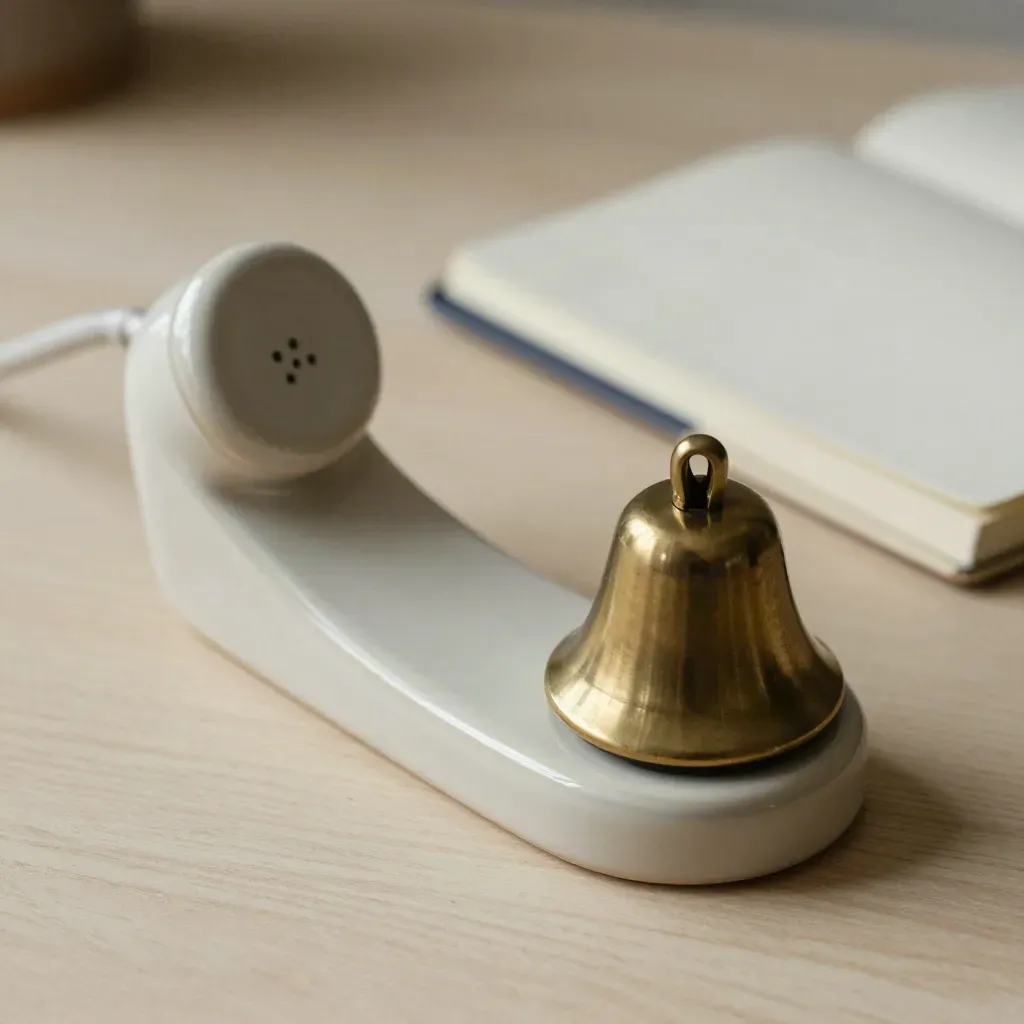 Ceramic phone cradle, muted handset, brass bell and closed notebook on pale wood.