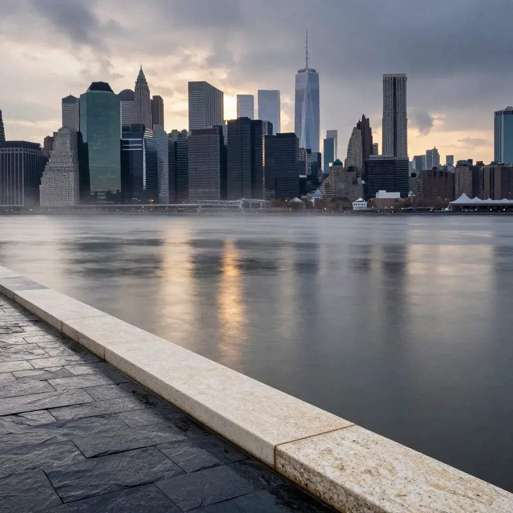 Lower Manhattan glows beyond a misty Hudson riverfront after rain.